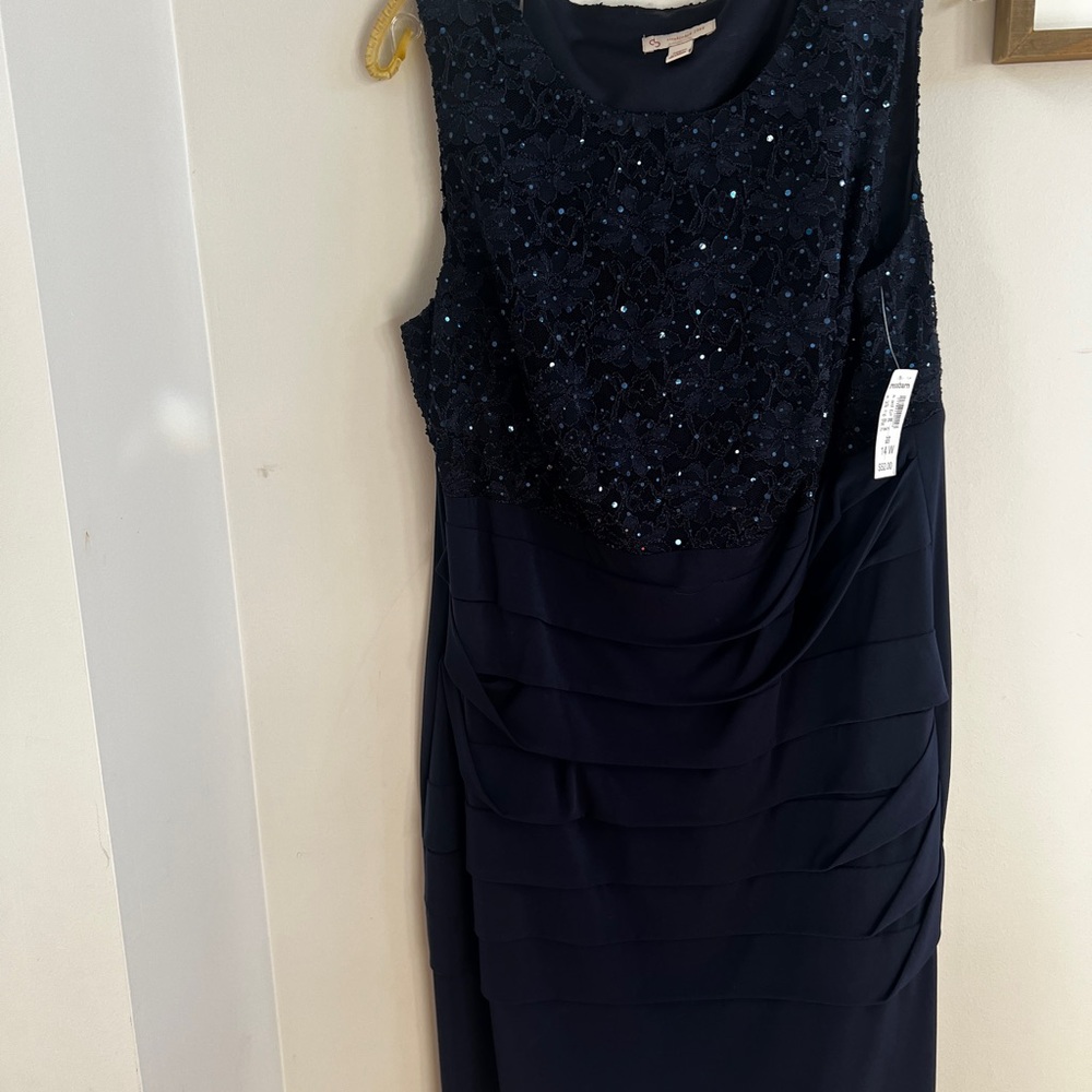 Dressbarn Dress Womens 14‎ Navy Lace Sequin Sheath V Neck Ruched Cocktail Party